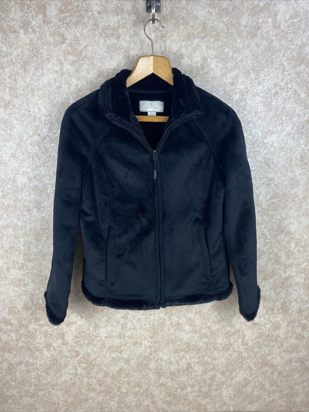 GREEN TEA Black Plush Jacket Faux Fur Black Size Small